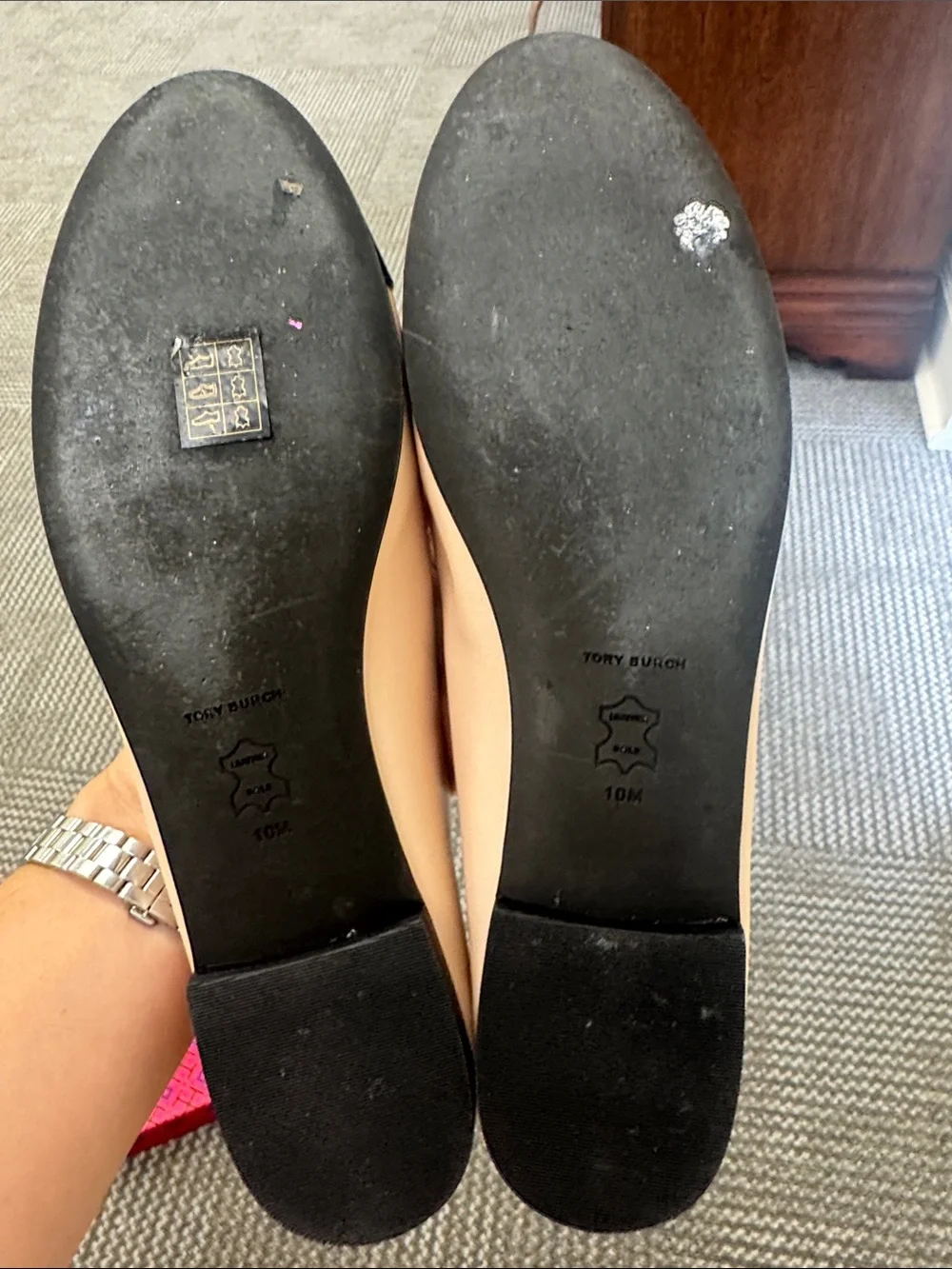Tory Burch Cap Toe Leather Ballet Flat in Rose Pink & Perfect Black, size 10